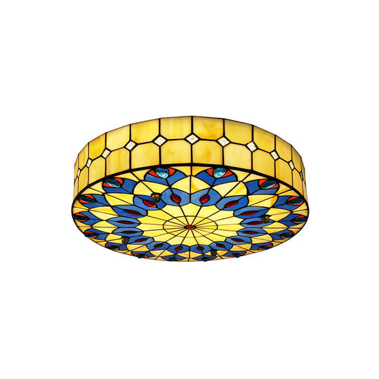 Mediterranean Stained Glass Drum Ceiling Mount Light For Bedroom Yellow / 16