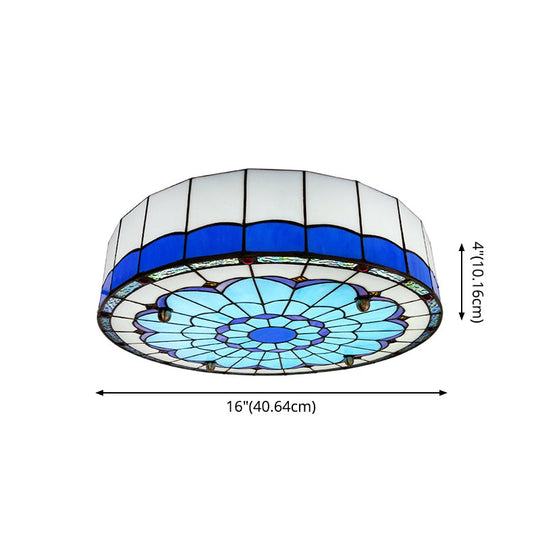 Mediterranean Stained Glass Drum Ceiling Mount Light For Bedroom