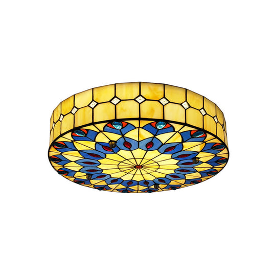 Mediterranean Stained Glass Drum Ceiling Mount Light for Bedroom