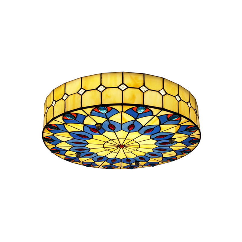 Mediterranean Stained Glass Drum Ceiling Mount Light For Bedroom Yellow / 19.5