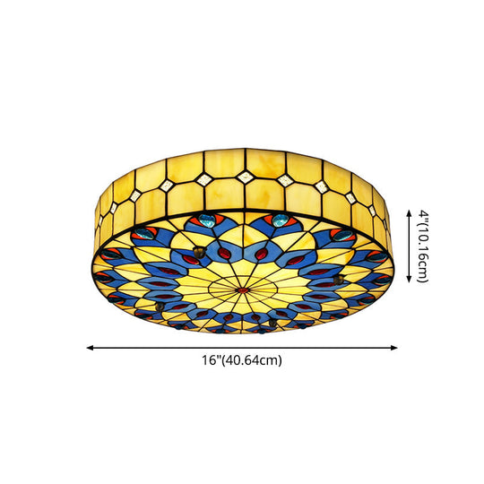 Mediterranean Stained Glass Drum Ceiling Mount Light for Bedroom