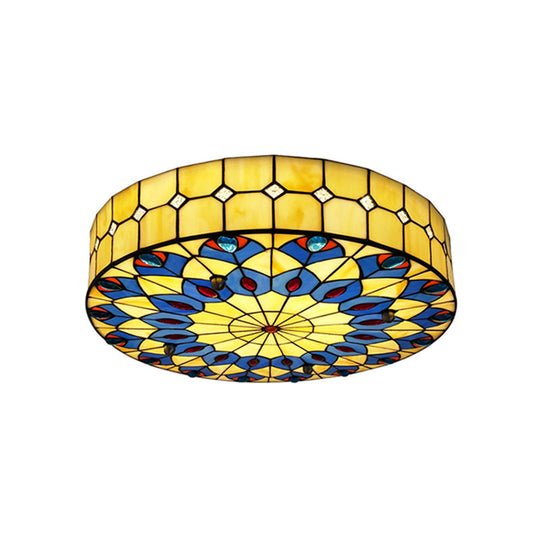 Mediterranean Stained Glass Drum Ceiling Mount Light for Bedroom