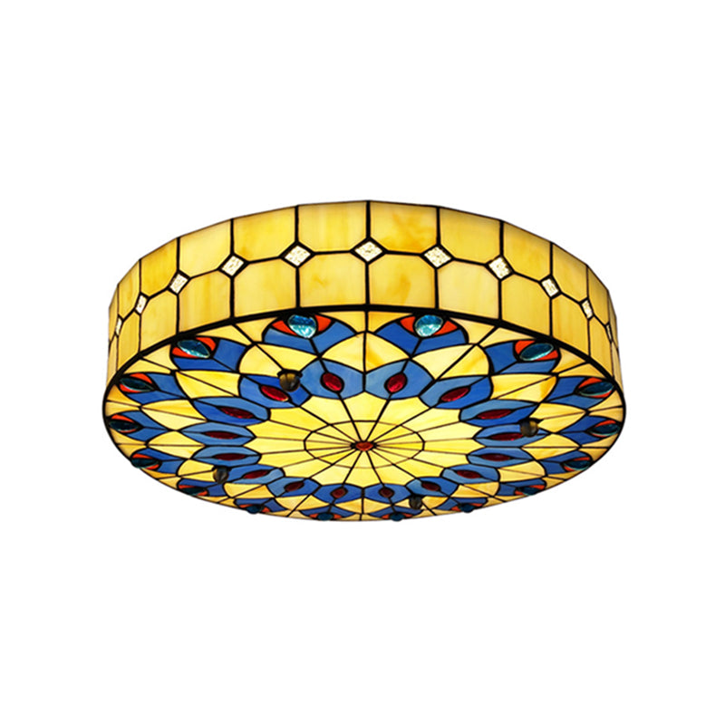 Mediterranean Stained Glass Drum Ceiling Mount Light for Bedroom