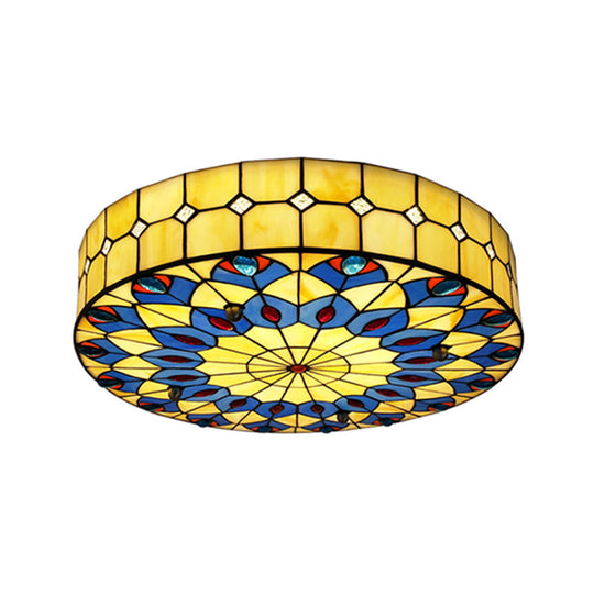 Mediterranean Stained Glass Drum Ceiling Mount Light for Bedroom