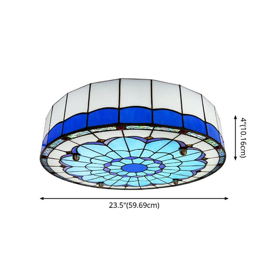 Mediterranean Stained Glass Drum Ceiling Mount Light for Bedroom