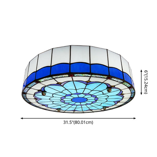 Mediterranean Stained Glass Drum Ceiling Mount Light for Bedroom