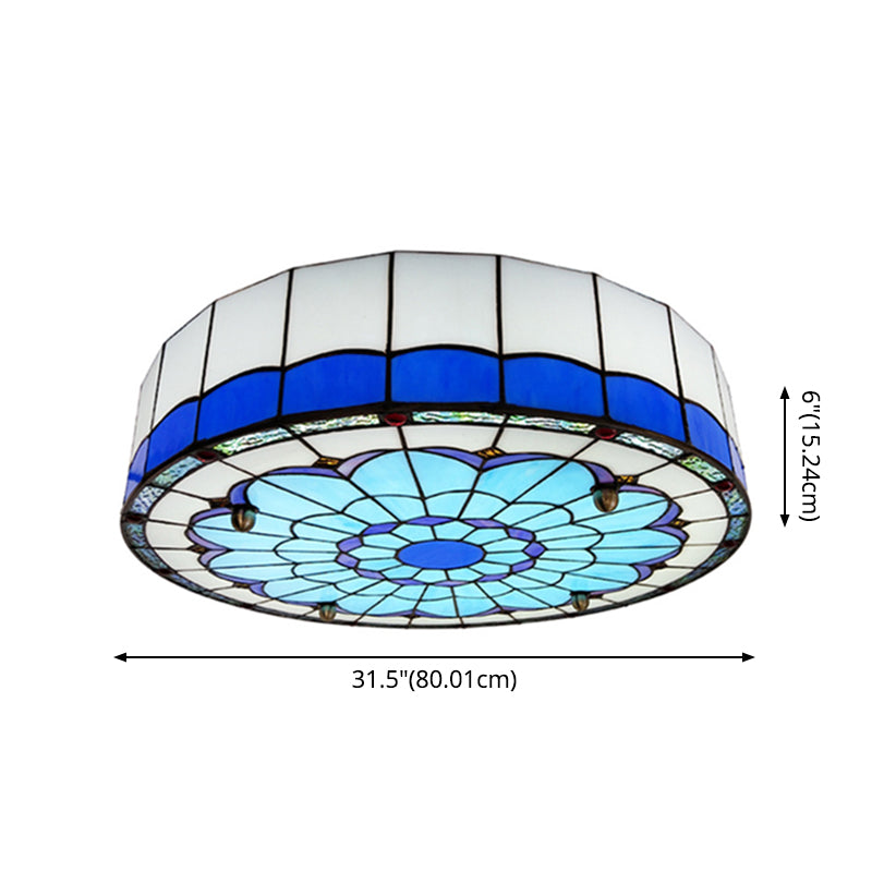 Mediterranean Stained Glass Drum Ceiling Mount Light For Bedroom