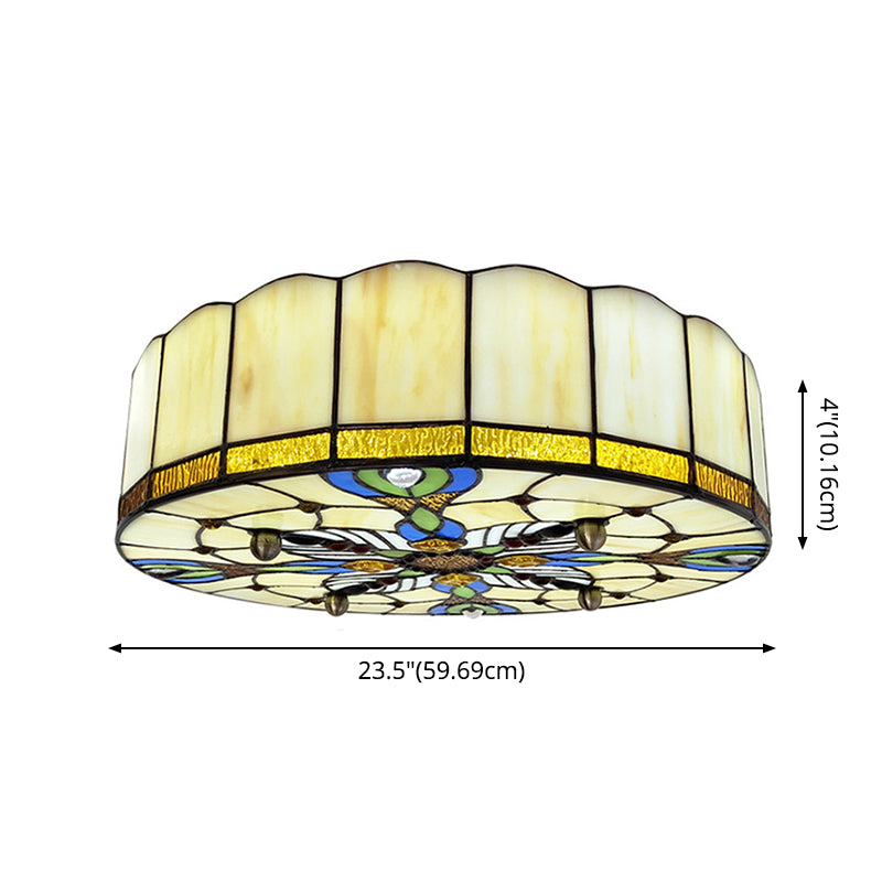 Mediterranean Stained Glass Drum Ceiling Mount Light for Bedroom