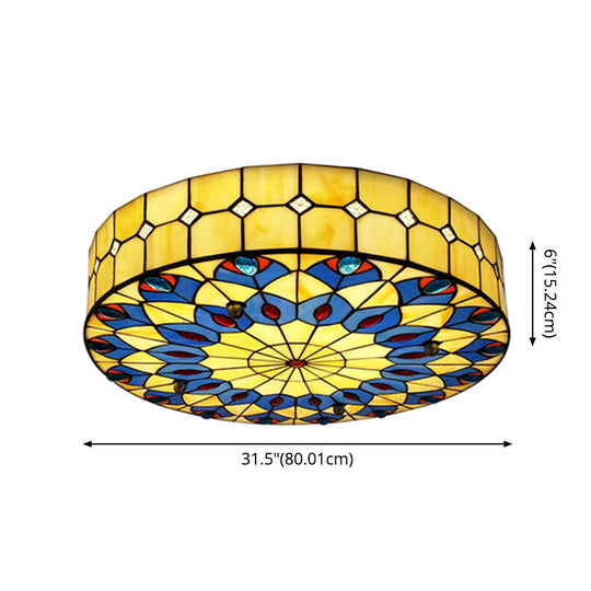 Mediterranean Stained Glass Drum Ceiling Mount Light for Bedroom