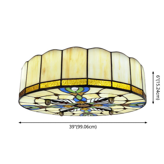 Mediterranean Stained Glass Drum Ceiling Mount Light for Bedroom