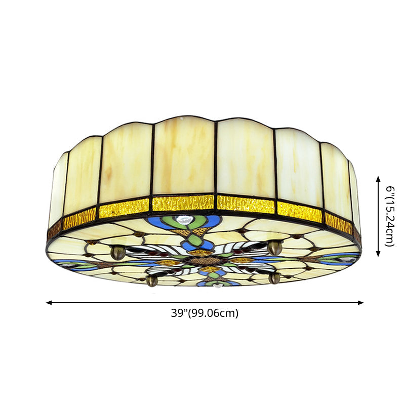 Mediterranean Stained Glass Drum Ceiling Mount Light For Bedroom