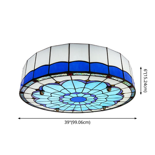 Mediterranean Stained Glass Drum Ceiling Mount Light for Bedroom