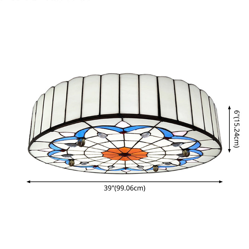 Mediterranean Stained Glass Drum Ceiling Mount Light for Bedroom