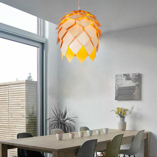 Pinecone Pendant Light With Natural Designer Woody Shade - Stylish Hanging For Dining Room