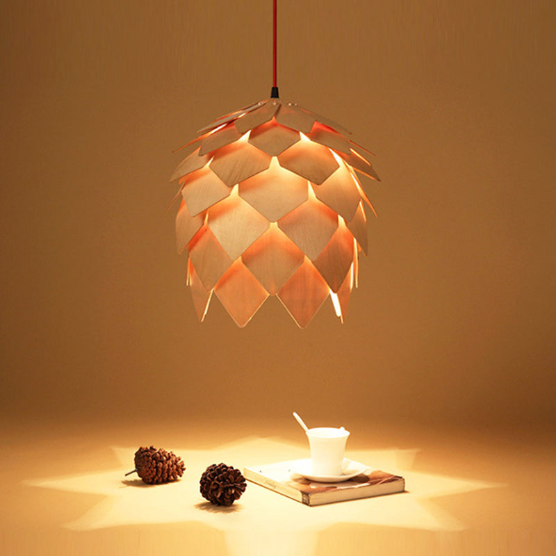 Pinecone Pendant Light With Natural Designer Woody Shade - Stylish Hanging For Dining Room