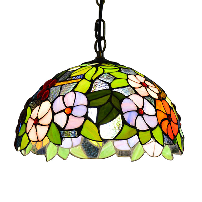 1-Light Green Tiffany-Style Stained Glass Bowl Pendant Light