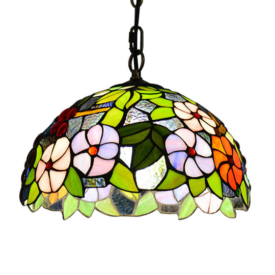 1-Light Green Tiffany-Style Stained Glass Bowl Pendant Light