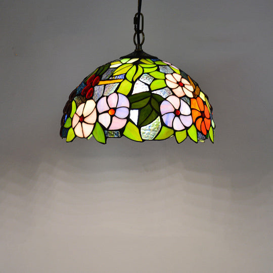 1-Light Green Tiffany-Style Stained Glass Bowl Pendant Light