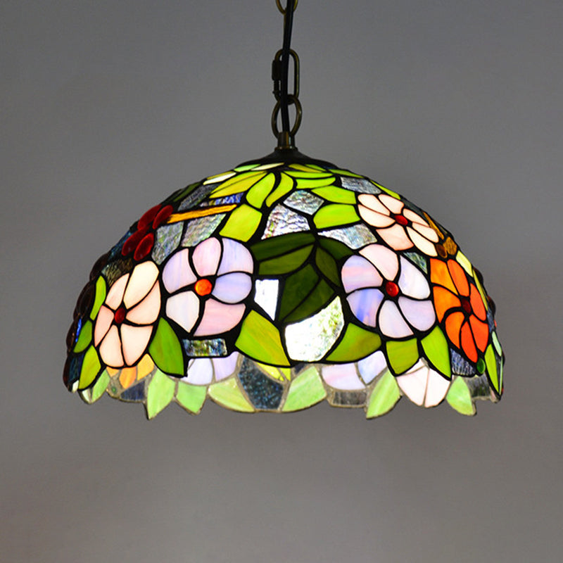 Tiffany-Style Green Stained Glass Bowl Pendant Light with 1 Hanging Lamp