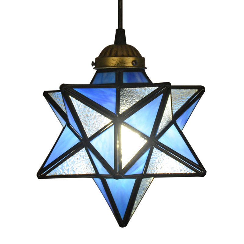 Tiffany Star Shade Pendant Light With Clear Glass And Icy Down Lighting Blue