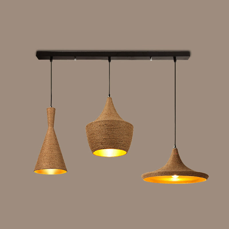 Retro Industrial 3-Light Beige Rope Pendant for Dining Room