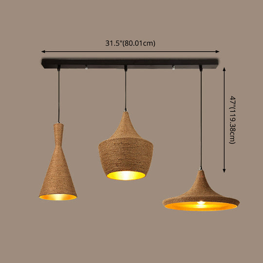 Retro Industrial 3-Light Beige Rope Pendant for Dining Room