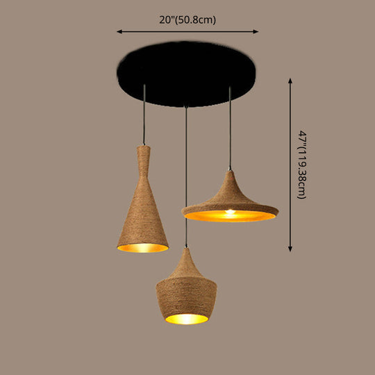 Retro Industrial 3-Light Beige Rope Pendant for Dining Room