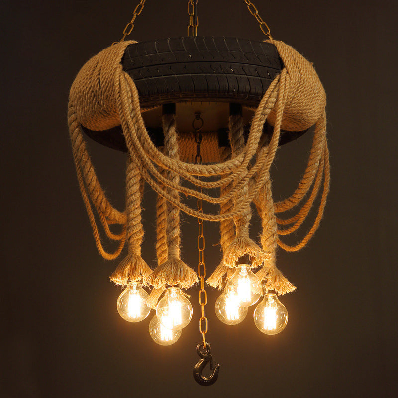 Black Tire Pendant Light: Retro Industrial Rope Suspension For Restaurants