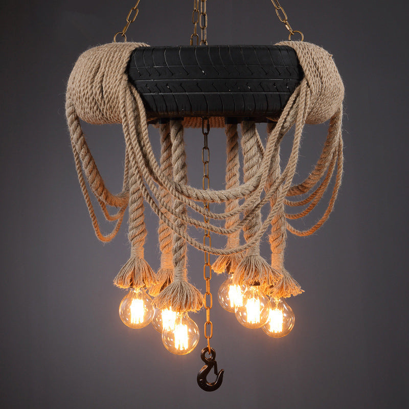 Black Tire Pendant Light: Retro Industrial Rope Suspension For Restaurants