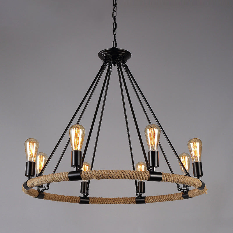 Retro Industrial Black Metal Iron Chandelier With Rope Suspensions - Perfect For Dining Room Table 8