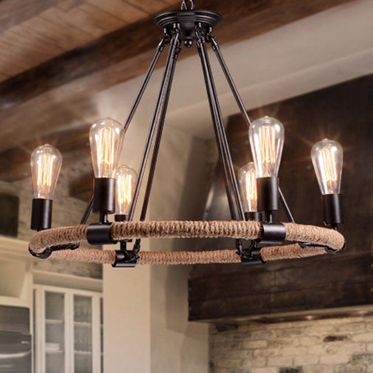 Retro Industrial Black Metal Iron Chandelier With Rope Suspensions - Perfect For Dining Room Table