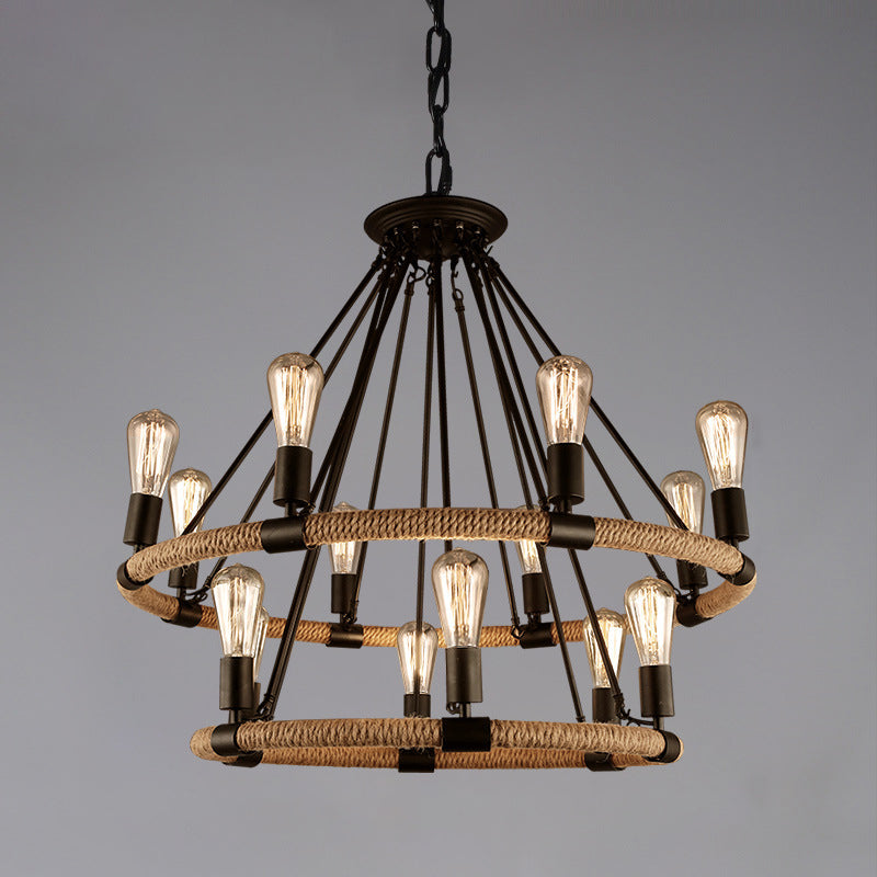 Industrial Black Metal Chandelier with Rope Suspension for Dining Room Table