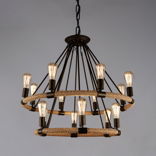 Retro Industrial Black Metal Iron Chandelier With Rope Suspensions - Perfect For Dining Room Table