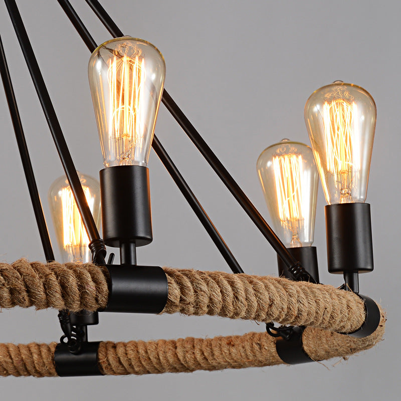 Industrial Black Metal Chandelier with Rope Suspension for Dining Room Table