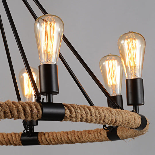 Retro Industrial Black Metal Iron Chandelier With Rope Suspensions - Perfect For Dining Room Table