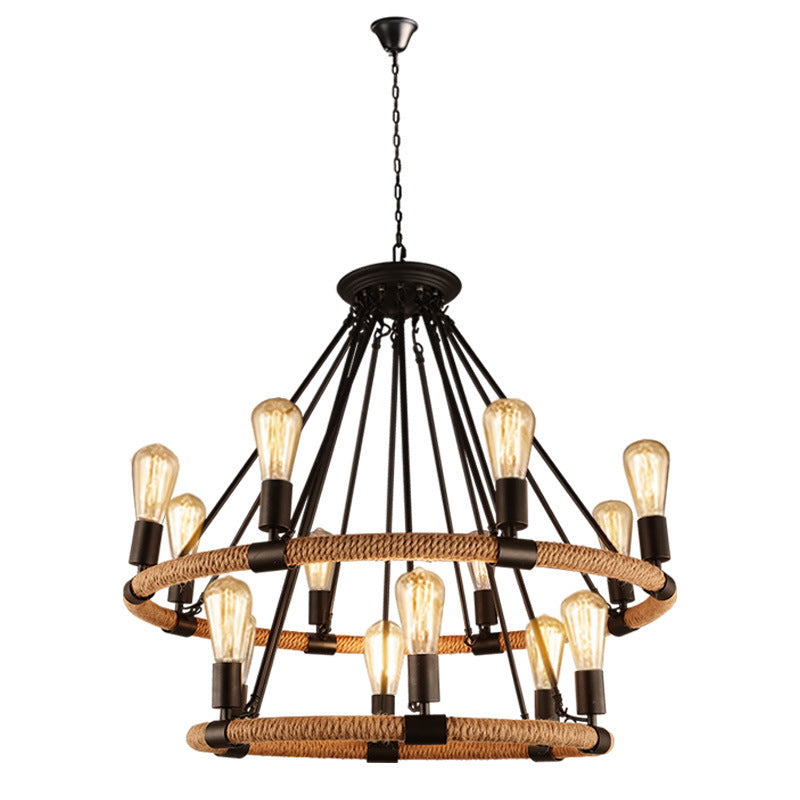 Industrial Black Metal Chandelier with Rope Suspension for Dining Room Table