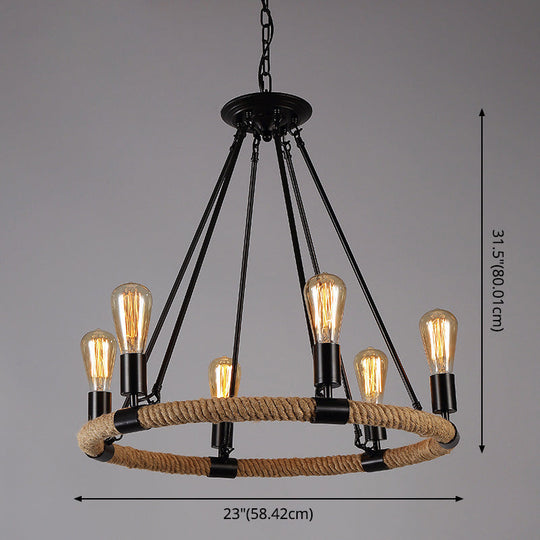 Retro Industrial Black Metal Iron Chandelier With Rope Suspensions - Perfect For Dining Room Table