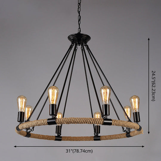 Retro Industrial Black Metal Iron Chandelier With Rope Suspensions - Perfect For Dining Room Table