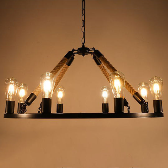 Circular Black Metal Industrial Art Chandelier With Exposed Bulb Rope Drop 8 /