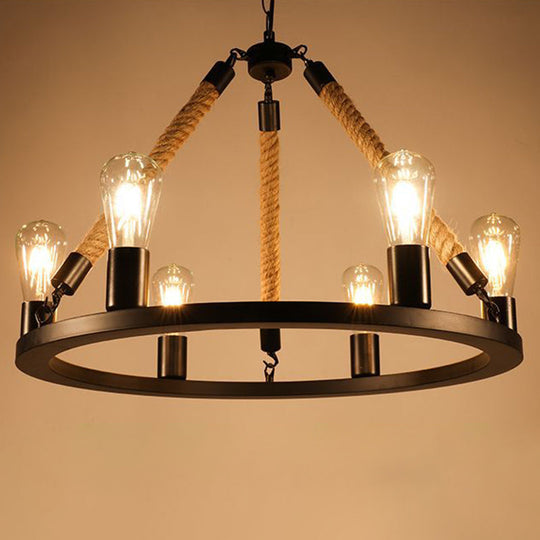 Circular Black Metal Industrial Art Chandelier With Exposed Bulb Rope Drop 6 /