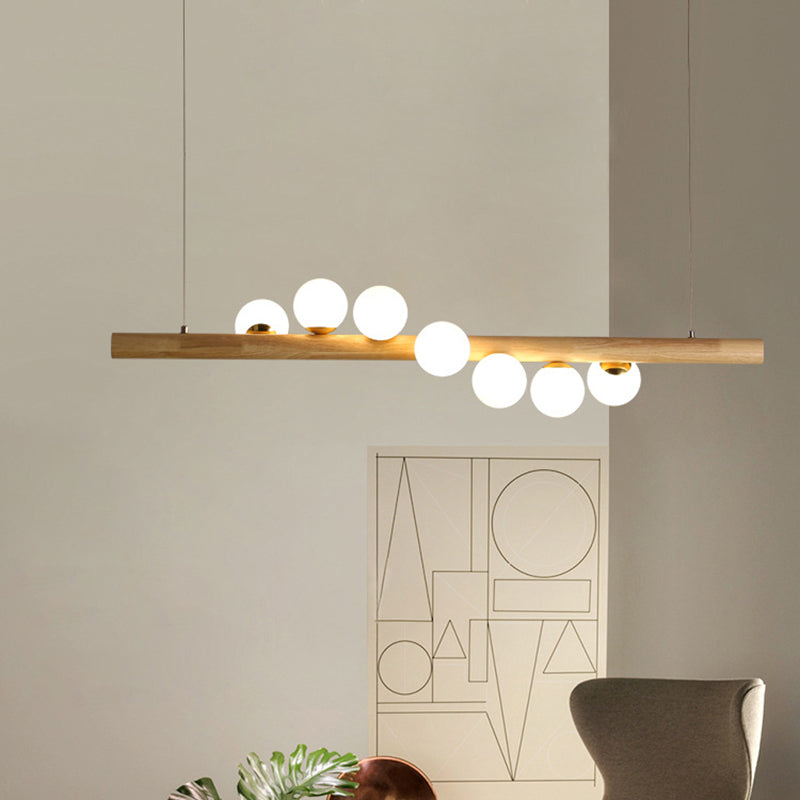 Nordic Wood Island Pendant With Globe Glass Light For Dining Room In Beige