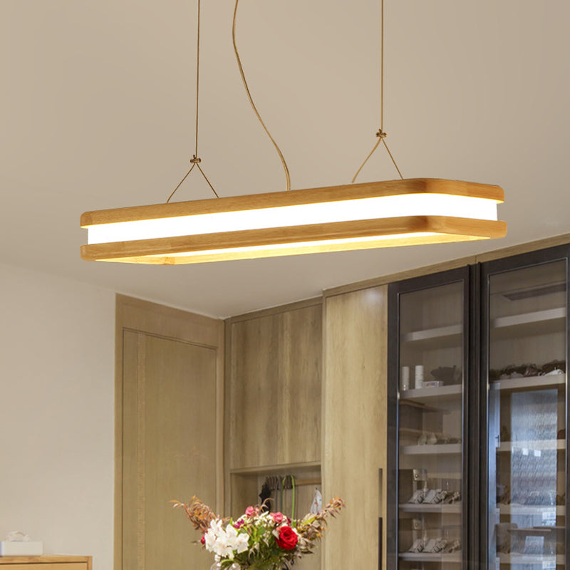 Rectangular Wood Island Pendant Light - Nordic Led Dining Room Fixture In Beige