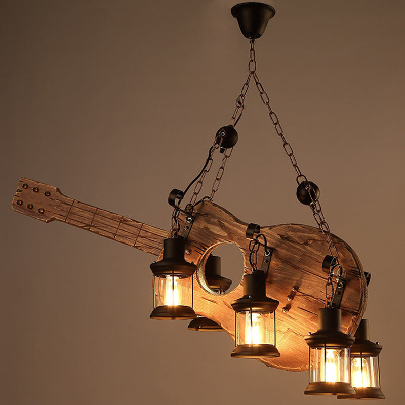 Art Deco Industrial Guitar Pendant Light With Wood And Black Metal Finish