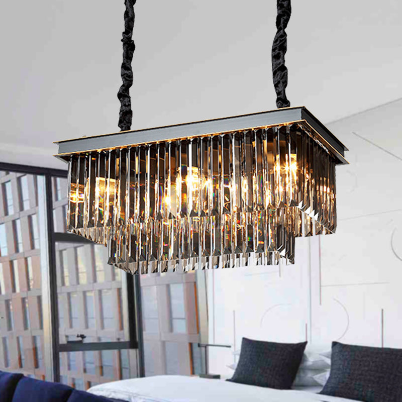 Smoke Gray Crystal Block Rectangle Chandelier Lamp - Traditional 8/11 Heads Matte Black Hanging