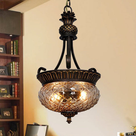 Country Black Chandelier Pendant Light With Clear Prismatic Glass Shade - 2-Light Dining Room