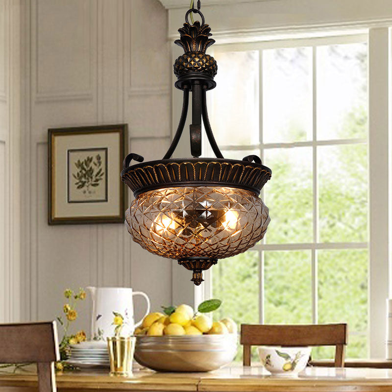 Country Black Chandelier Pendant Light With Clear Prismatic Glass Shade - 2-Light Dining Room