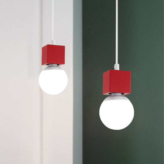 Stylish Loft Bare Bulb Ceiling Hanging Light - Metallic Pendant Lighting with Square Design in Grey/Red