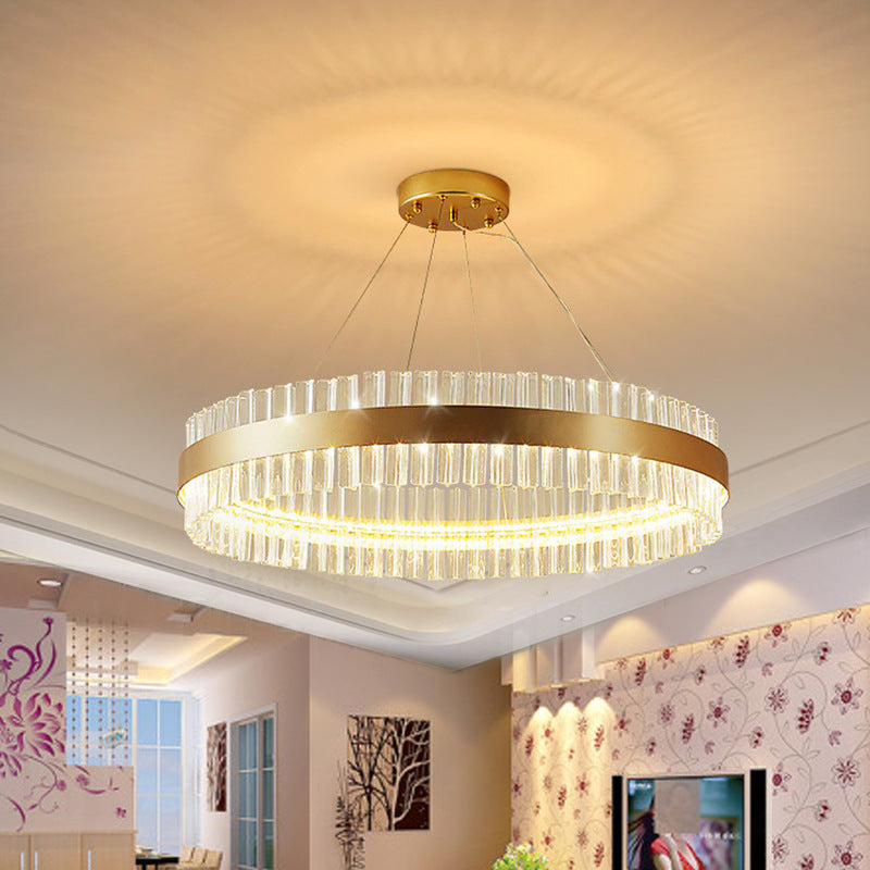 Postmodern Crystal Rod Gold Led Chandelier Light - Circular Ceiling Hanging Fixture Multiple Width