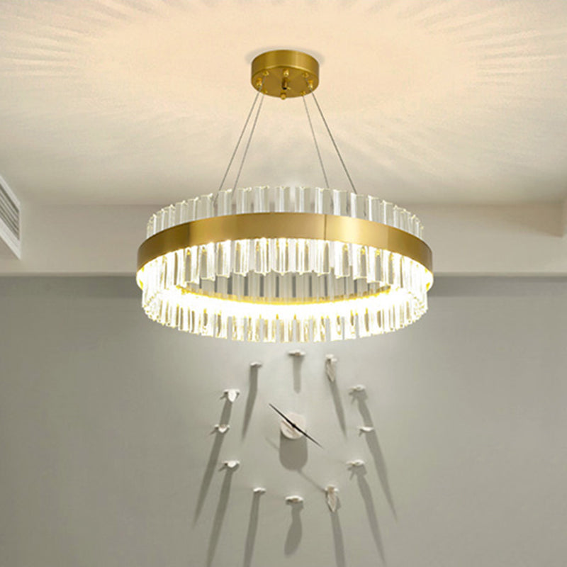 Postmodern Crystal Rod Gold Led Chandelier Light - Circular Ceiling Hanging Fixture Multiple Width