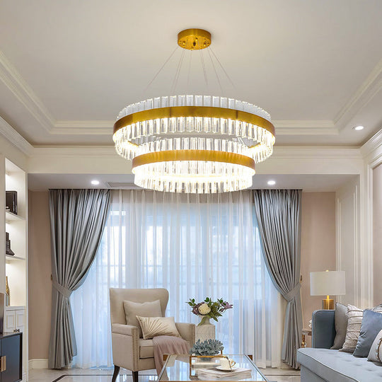 Postmodern 2-Tier Crystal Rod Living Room Pendant Light In Gold - 23.5/31.5 Wide Led Hanging Lamp